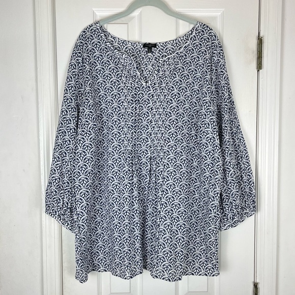 Talbots Plus Cotton Split Neck Pintuck Blouse Top Scallop Tile Print Sz 2X - Picture 2 of 8
